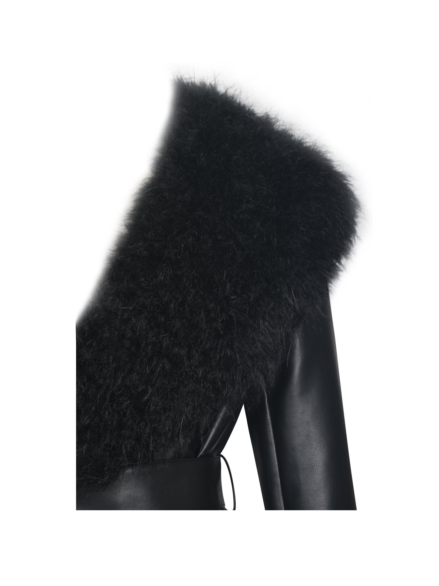 Faux Fur Trim Longline Vegan Leather Coat — Black