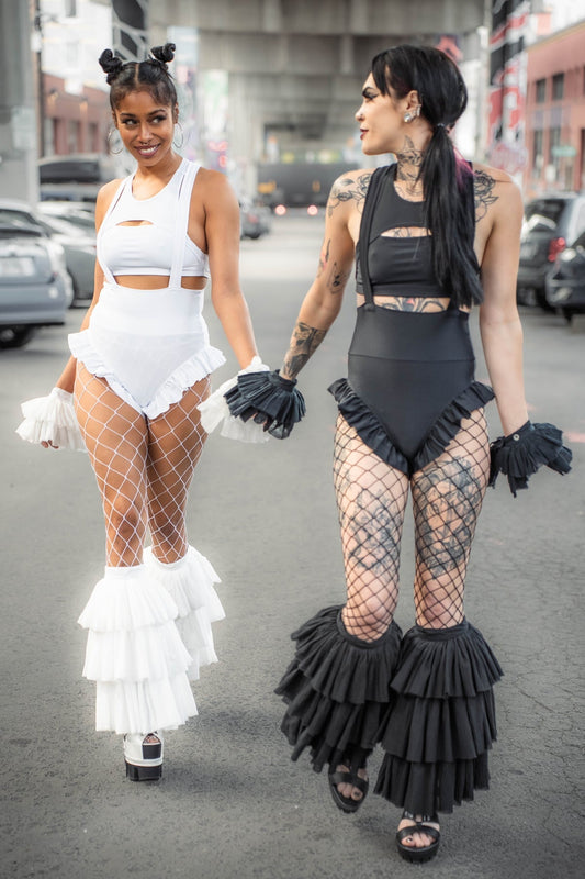 Dandy Ruffle Bell Bottom Leg Covers — Black Cotton | Eyecon x Five and Diamond