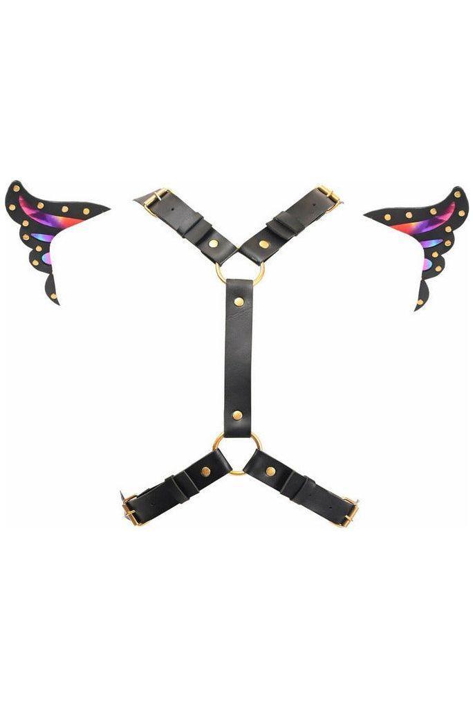 Black Faux Leather & Rainbow Holo Butterfly Wing Harness