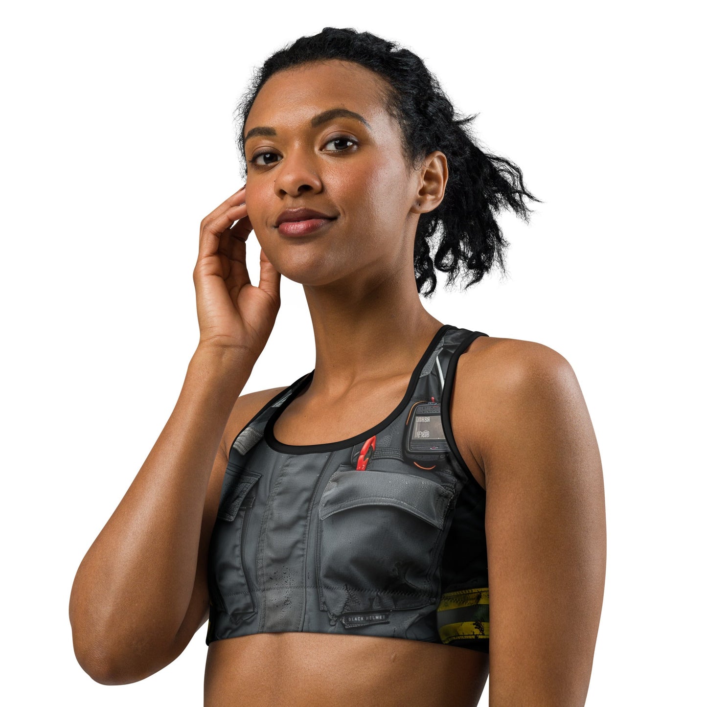 Moisture Wicking Racerback Sports Bra — Utility Smoke Turnout Print