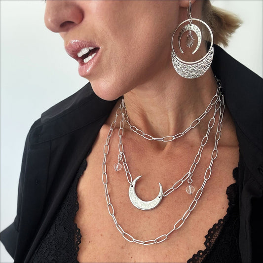 Crescent Light Long Chain Necklace — Quartz + Antique Gold or Silver