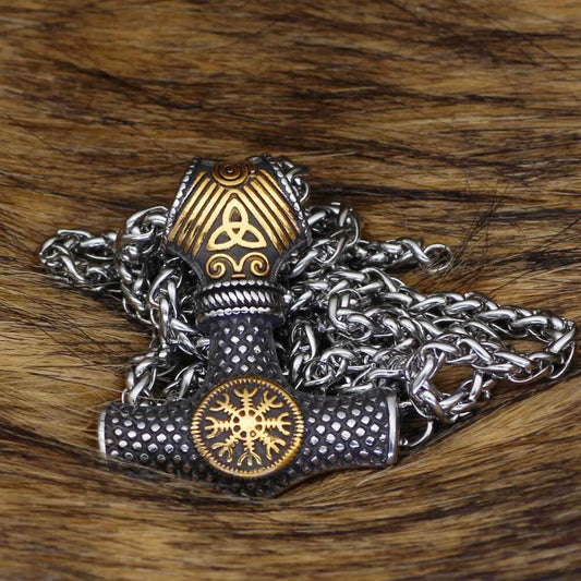 Mjolnir x Helm of Awe Necklace — Stainless Steel