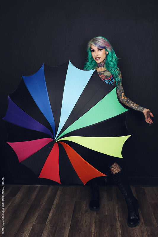 Batwing Pagoda Umbrella – Goth Rainbow Statement Stripe