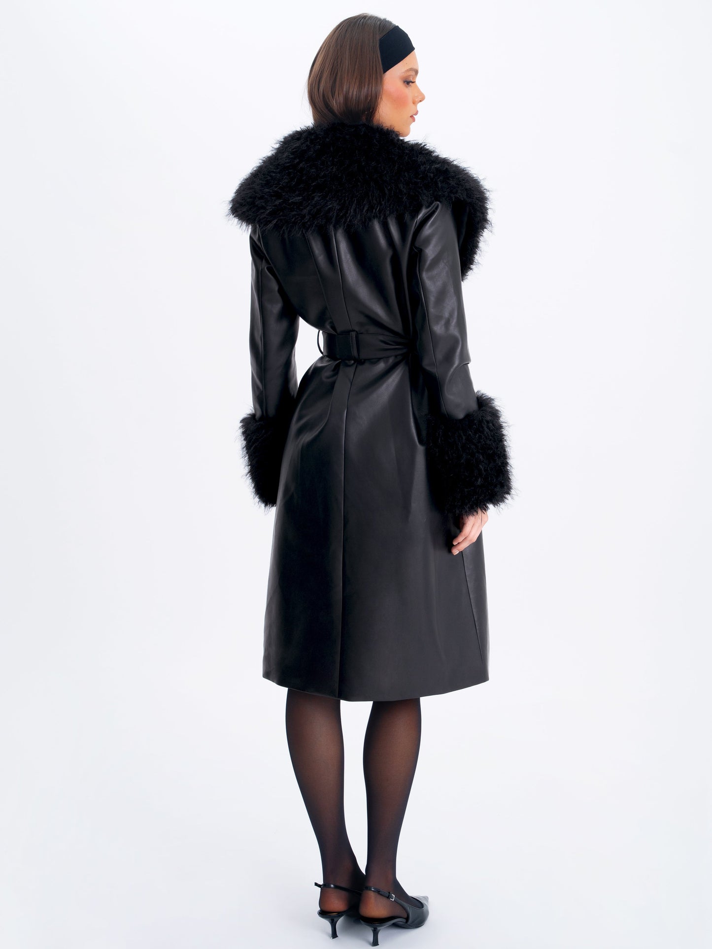 Faux Fur Trim Longline Vegan Leather Coat — Black