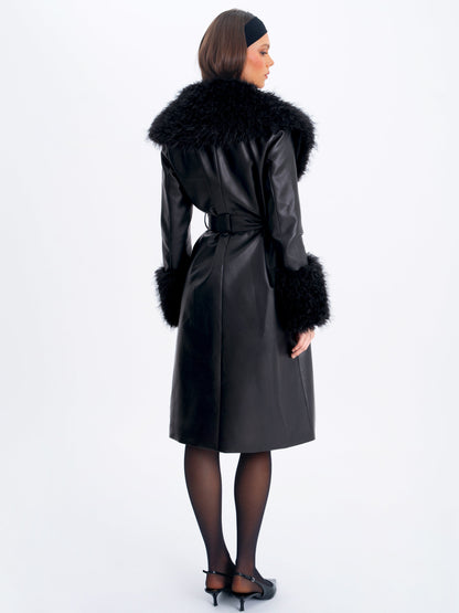Faux Fur Trim Longline Vegan Leather Coat — Black
