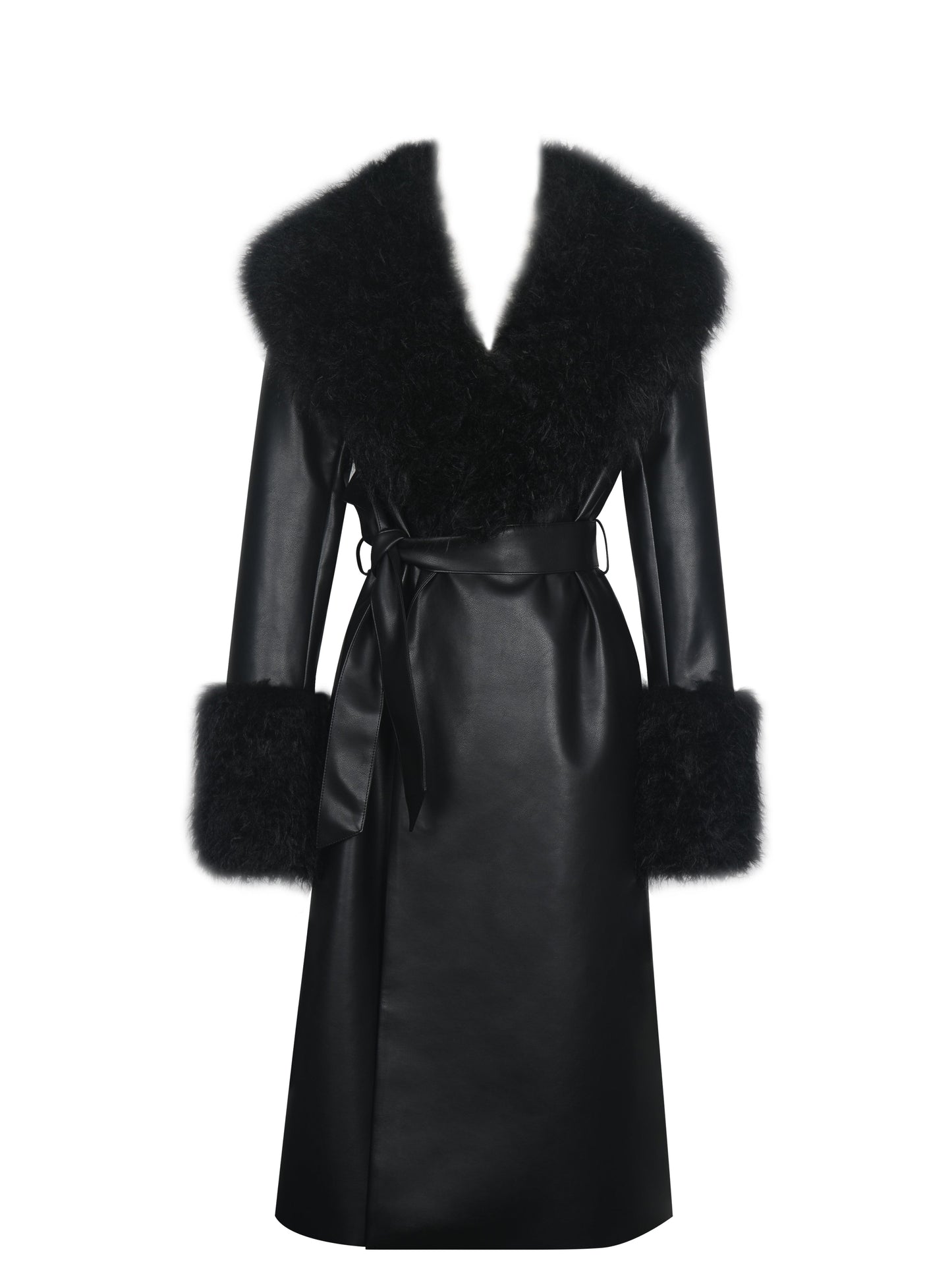 Faux Fur Trim Longline Vegan Leather Coat — Black