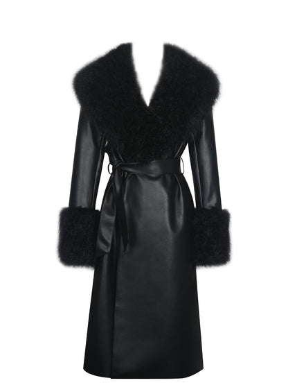 Faux Fur Trim Longline Vegan Leather Coat — Black