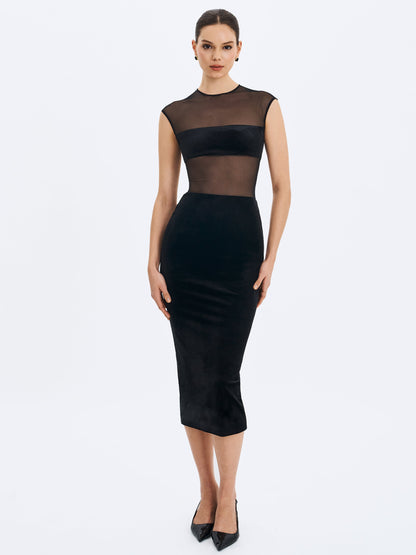 Sheer Mesh & Velvet Midi Dress — Black