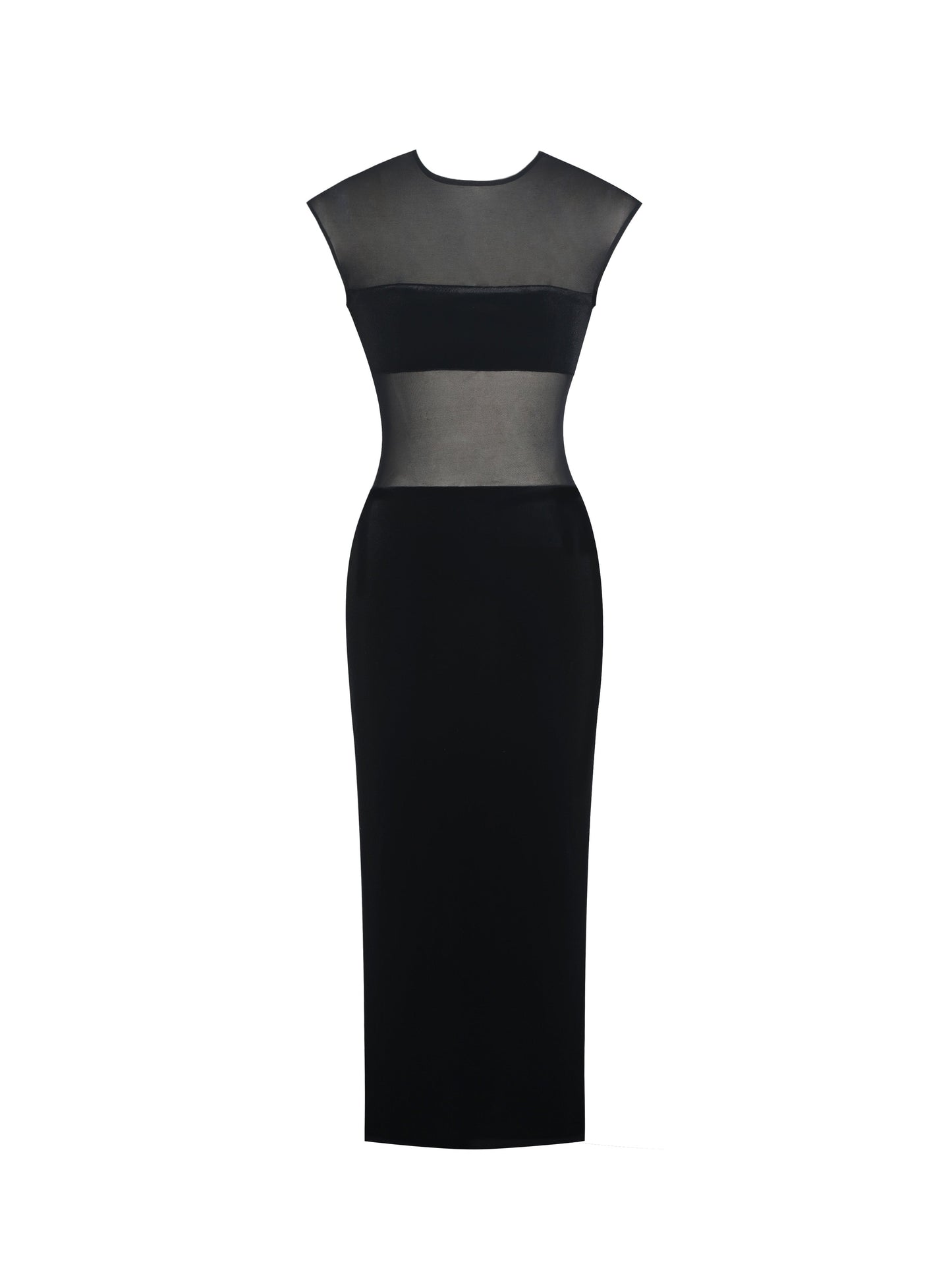 Sheer Mesh & Velvet Midi Dress — Black