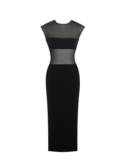 Sheer Mesh & Velvet Midi Dress — Black