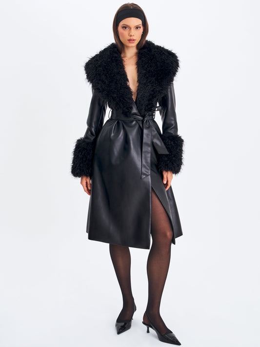Faux Fur Trim Longline Vegan Leather Coat — Black