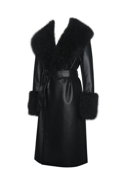 Faux Fur Trim Longline Vegan Leather Coat — Black
