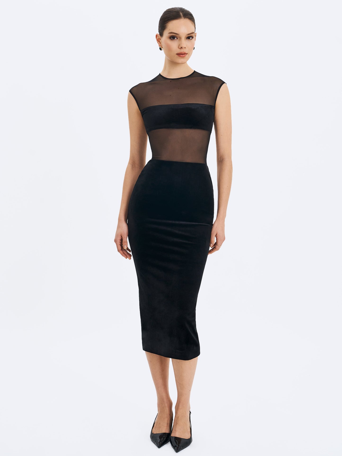 Sheer Mesh & Velvet Midi Dress — Black