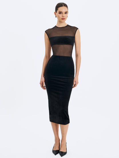 Sheer Mesh & Velvet Midi Dress — Black