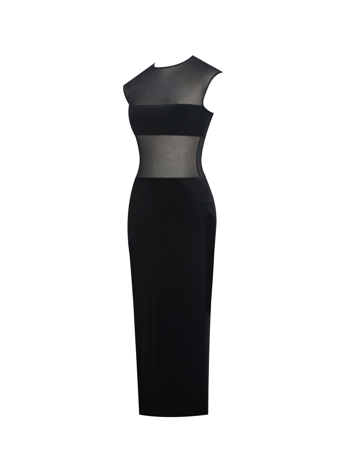Sheer Mesh & Velvet Midi Dress — Black