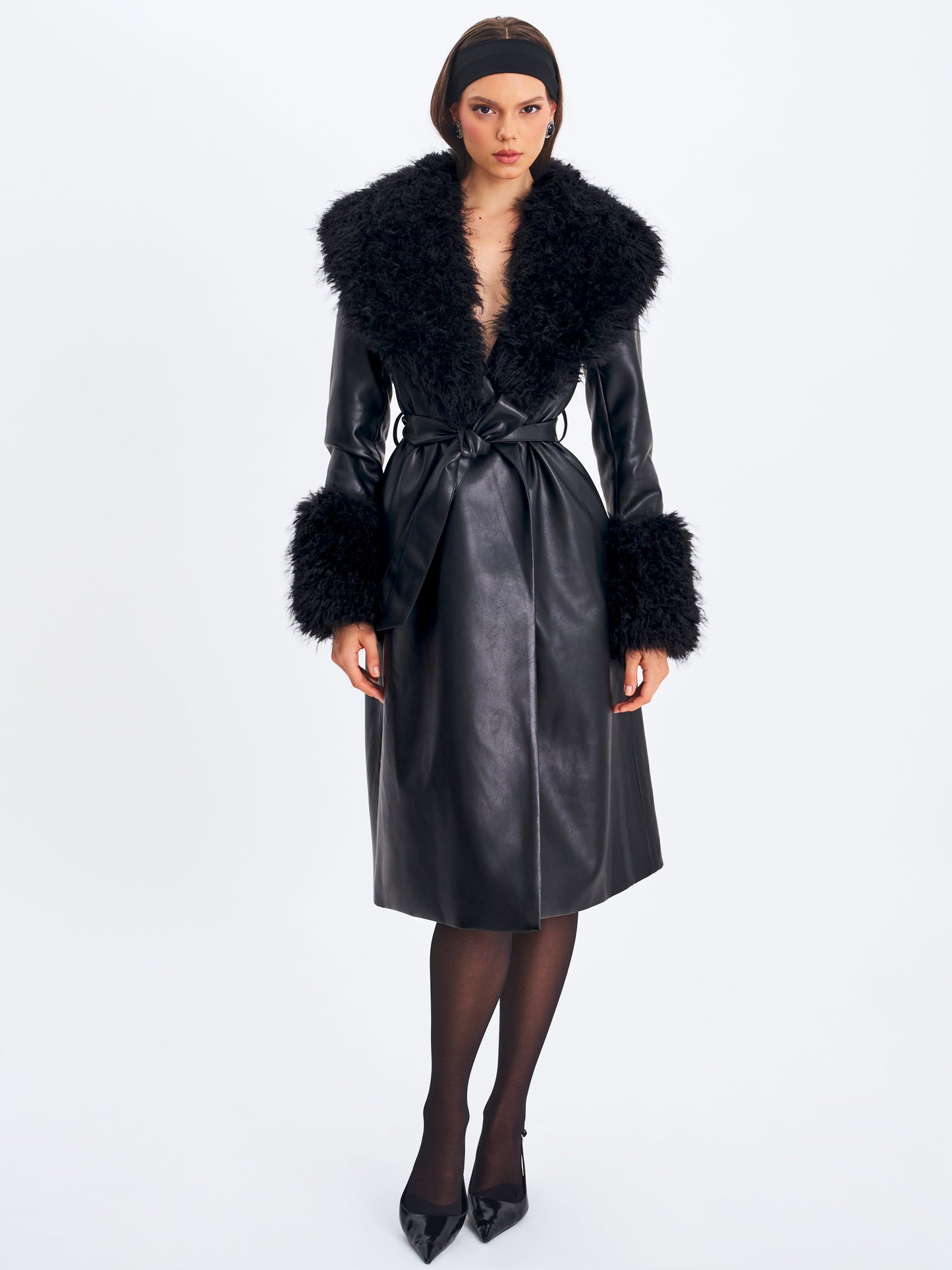 Faux Fur Trim Longline Vegan Leather Coat — Black