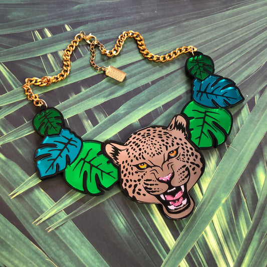 Leopard and Jungle Leaves Necklace