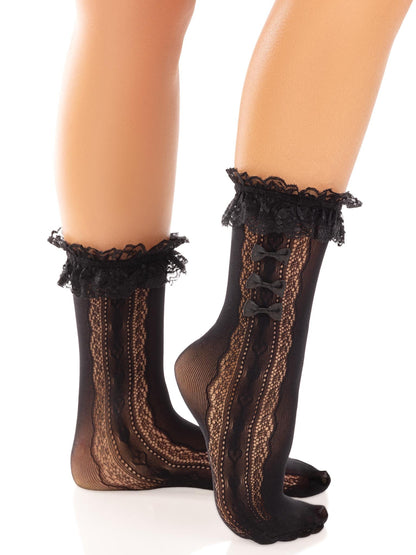 Sweetheart Lace Ruffle & Bow Anklet Socks — Black or White
