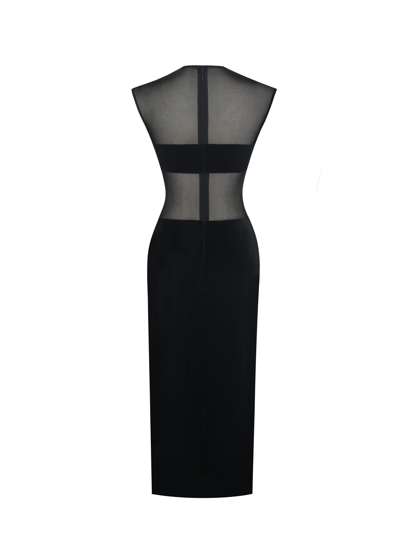 Sheer Mesh & Velvet Midi Dress — Black