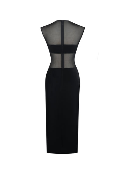 Sheer Mesh & Velvet Midi Dress — Black