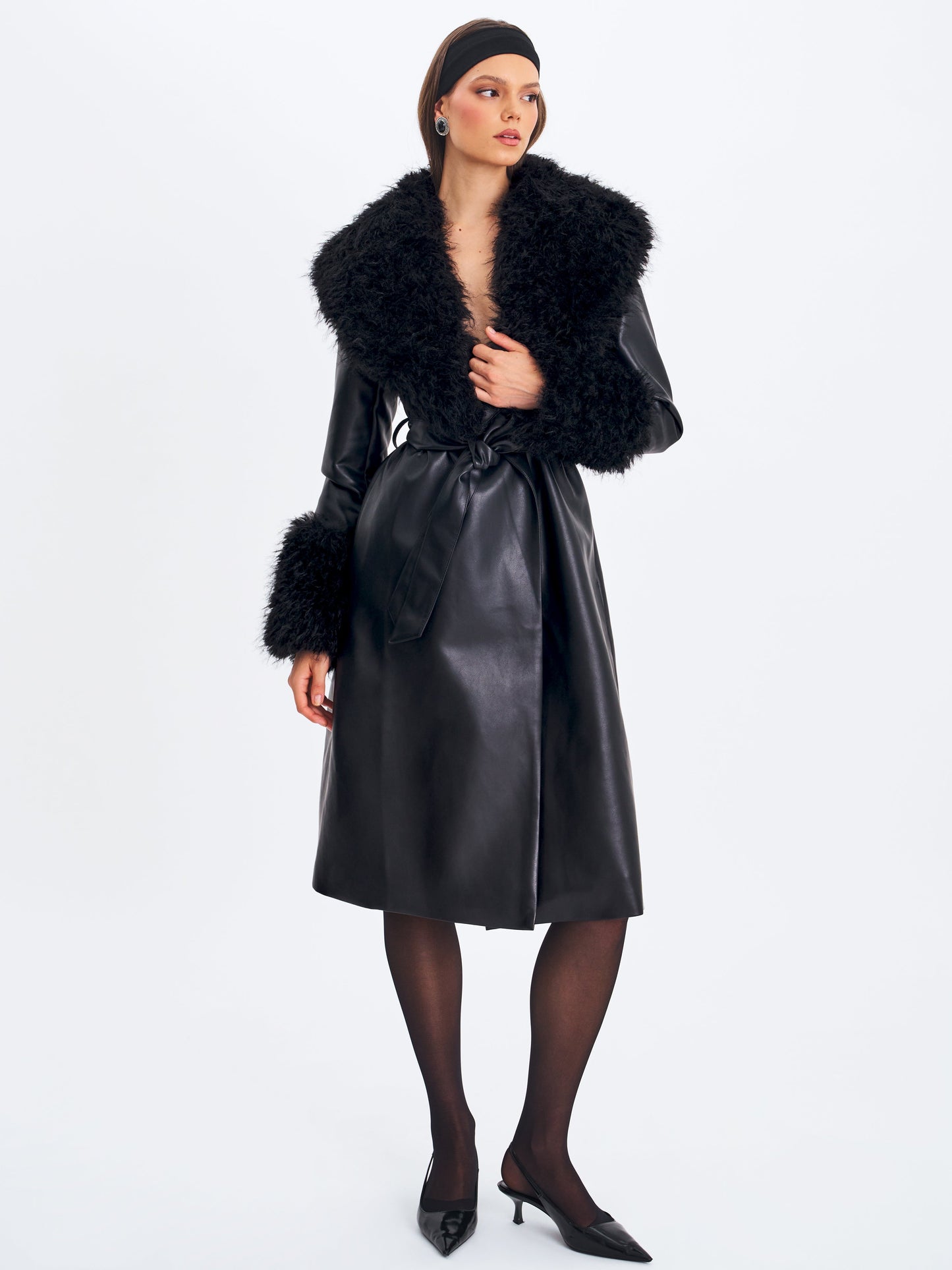 Faux Fur Trim Longline Vegan Leather Coat — Black