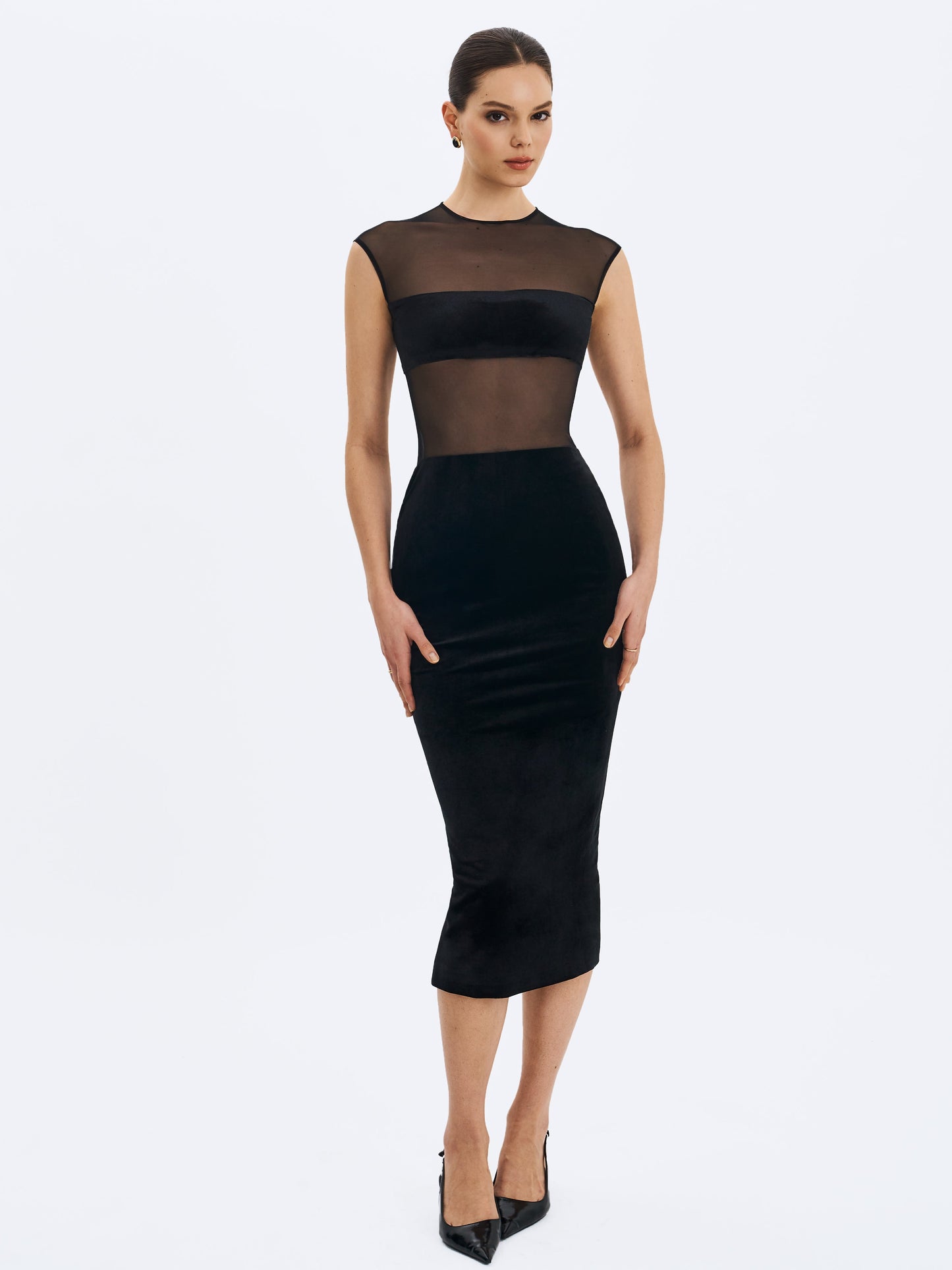 Sheer Mesh & Velvet Midi Dress — Black