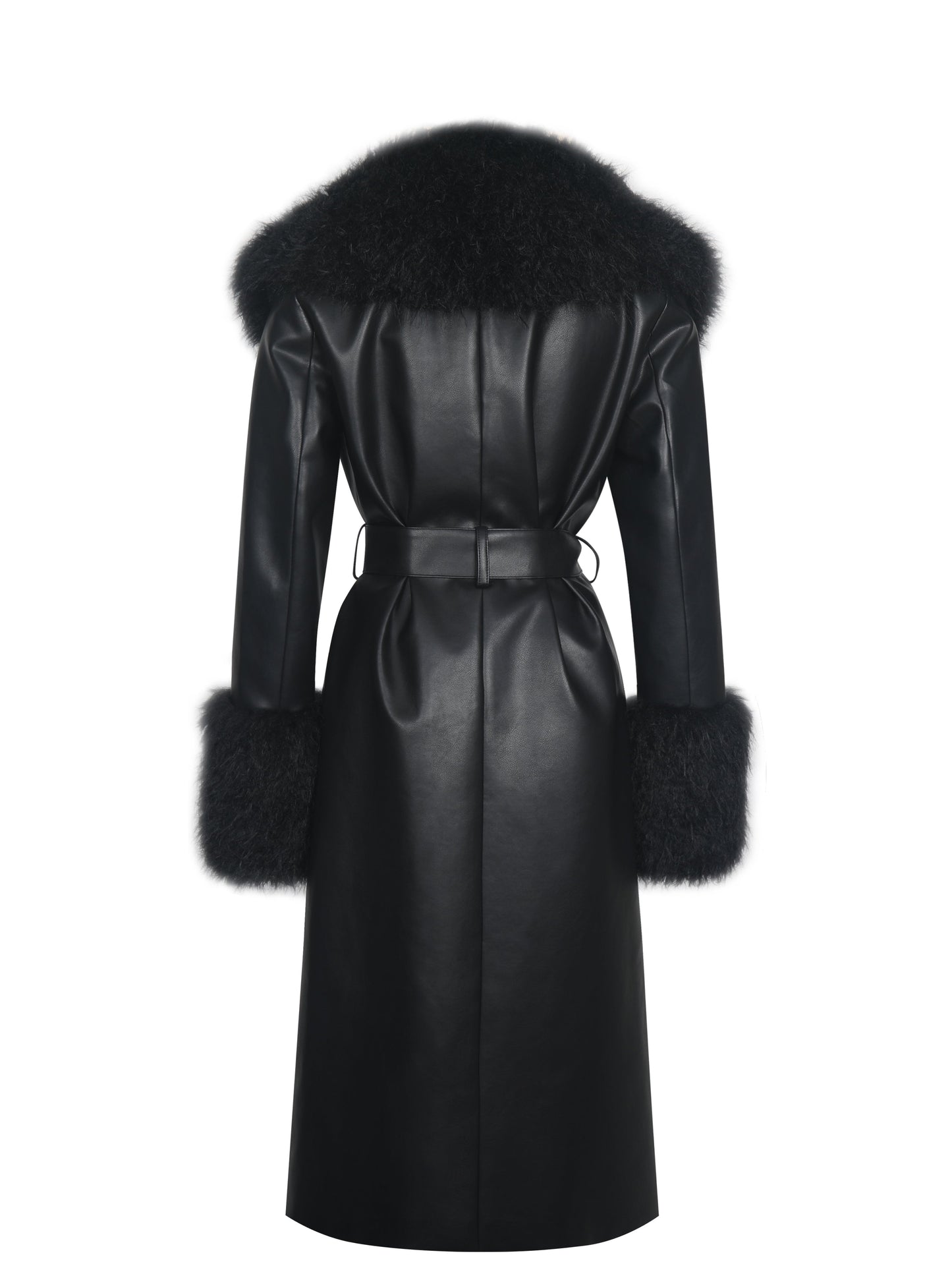 Faux Fur Trim Longline Vegan Leather Coat — Black