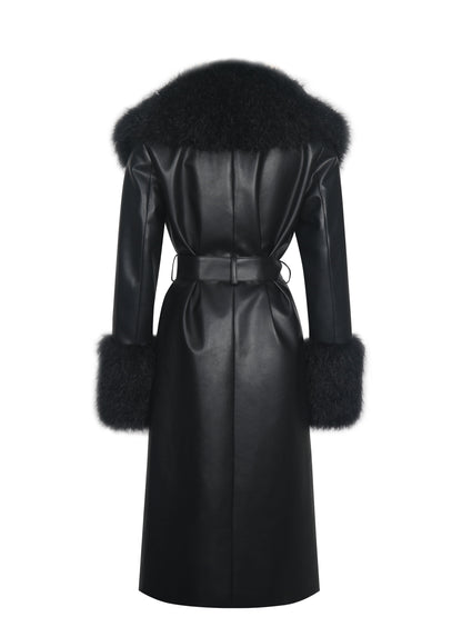 Faux Fur Trim Longline Vegan Leather Coat — Black
