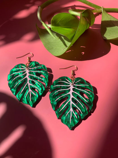 Leaf Acrylic Statement Earrings - Monstera Green