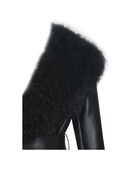 Faux Fur Trim Longline Vegan Leather Coat — Black
