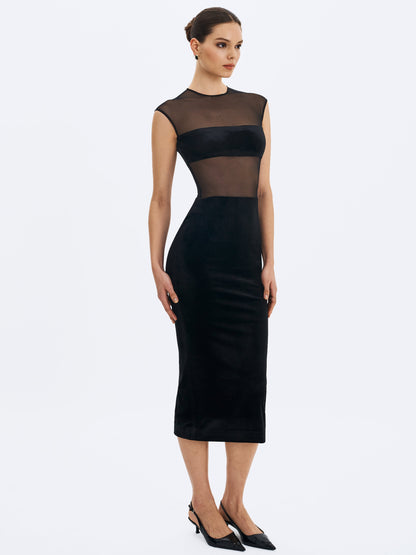 Sheer Mesh & Velvet Midi Dress — Black