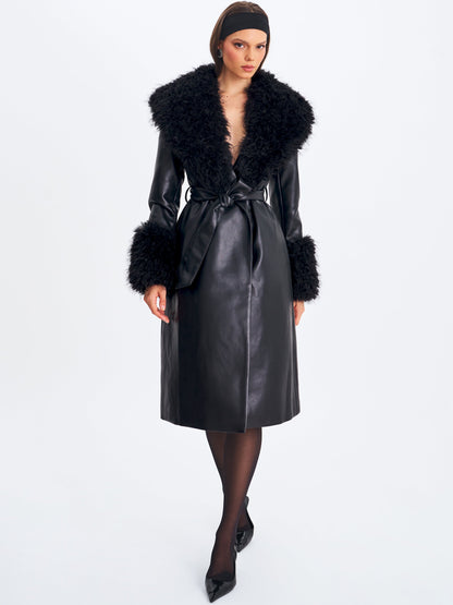 Faux Fur Trim Longline Vegan Leather Coat — Black