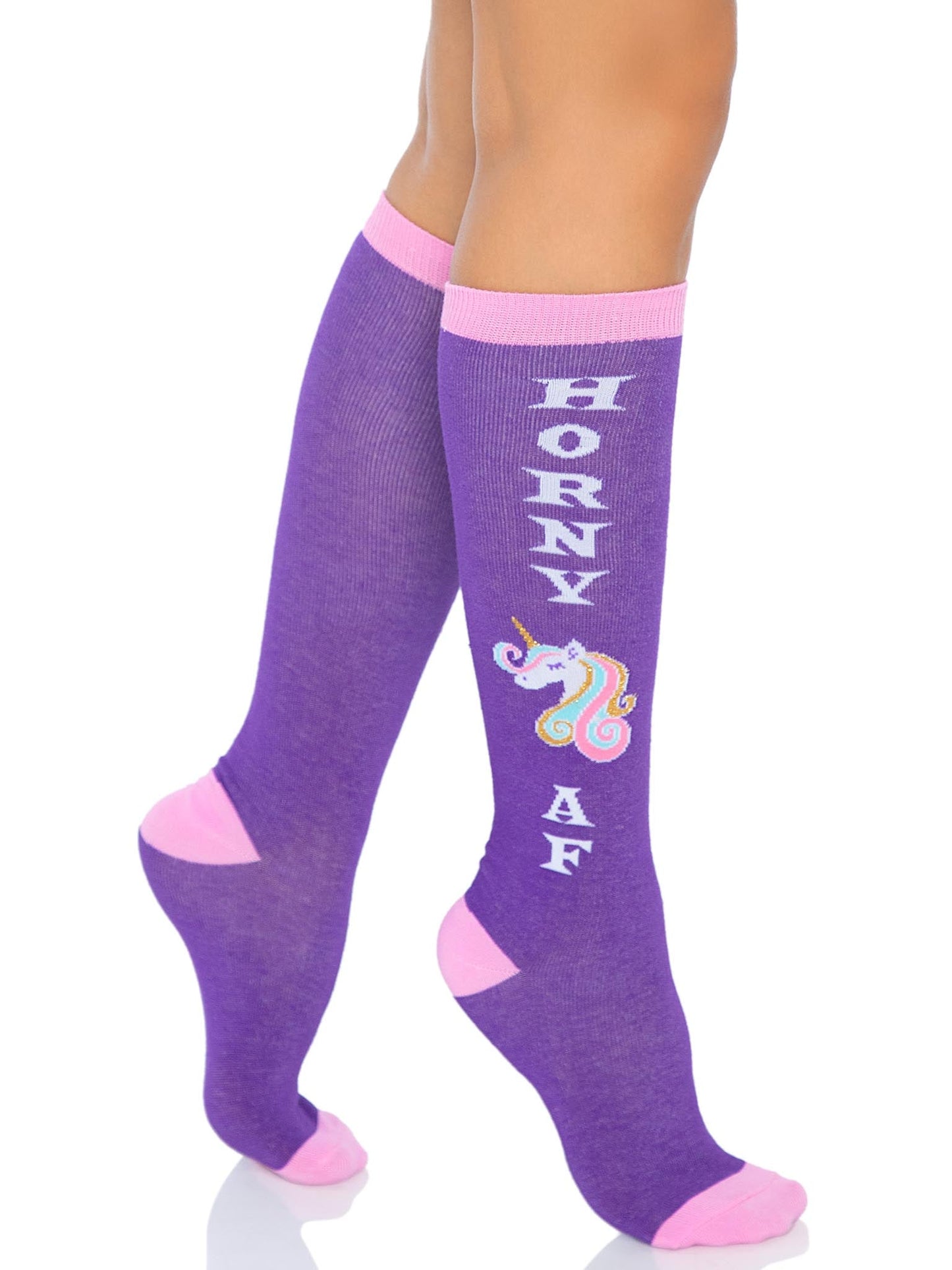 Unicorn Knee Socks — “Horny AF”