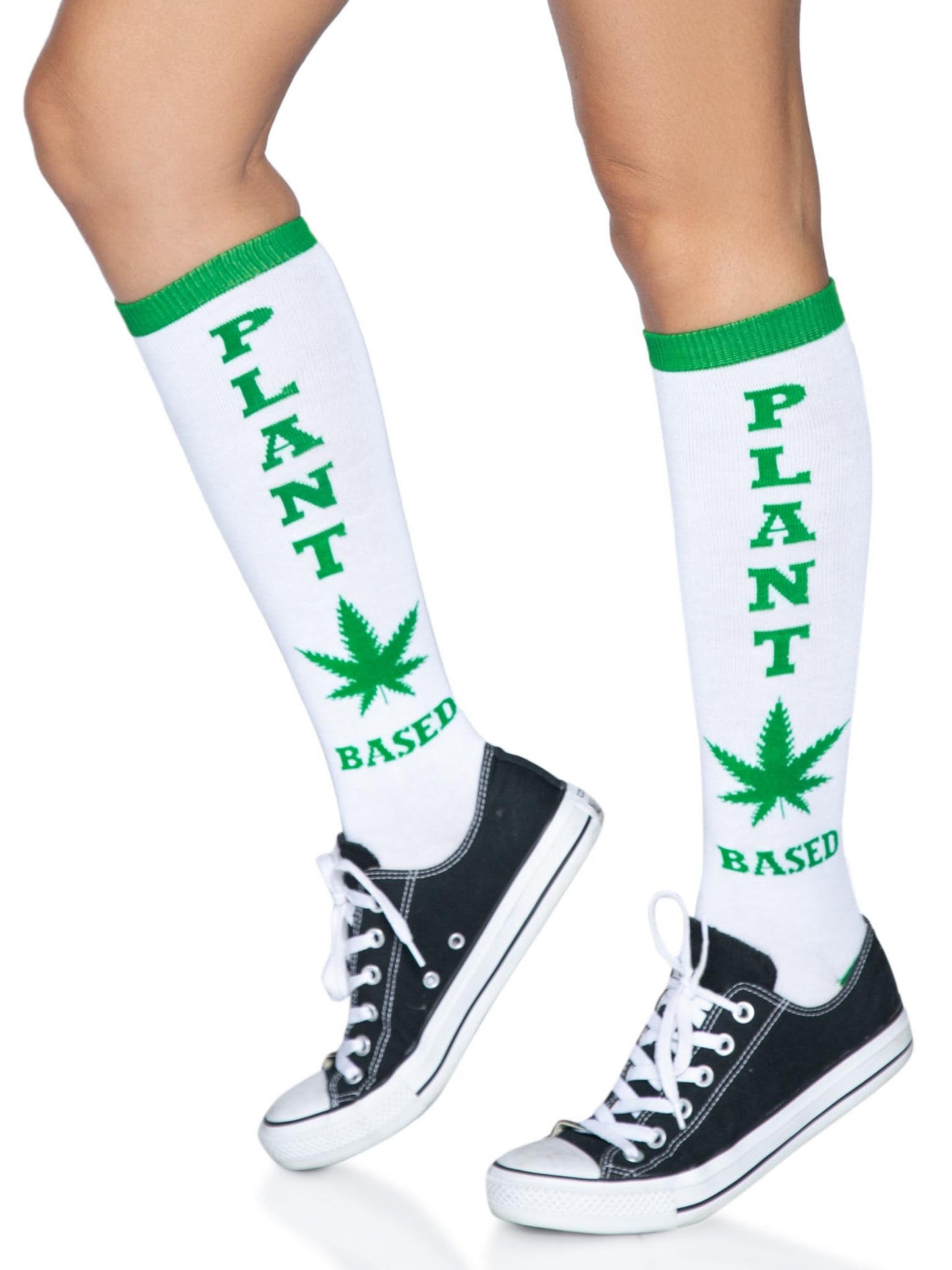 Knee Socks — "Plant Based" White & Green