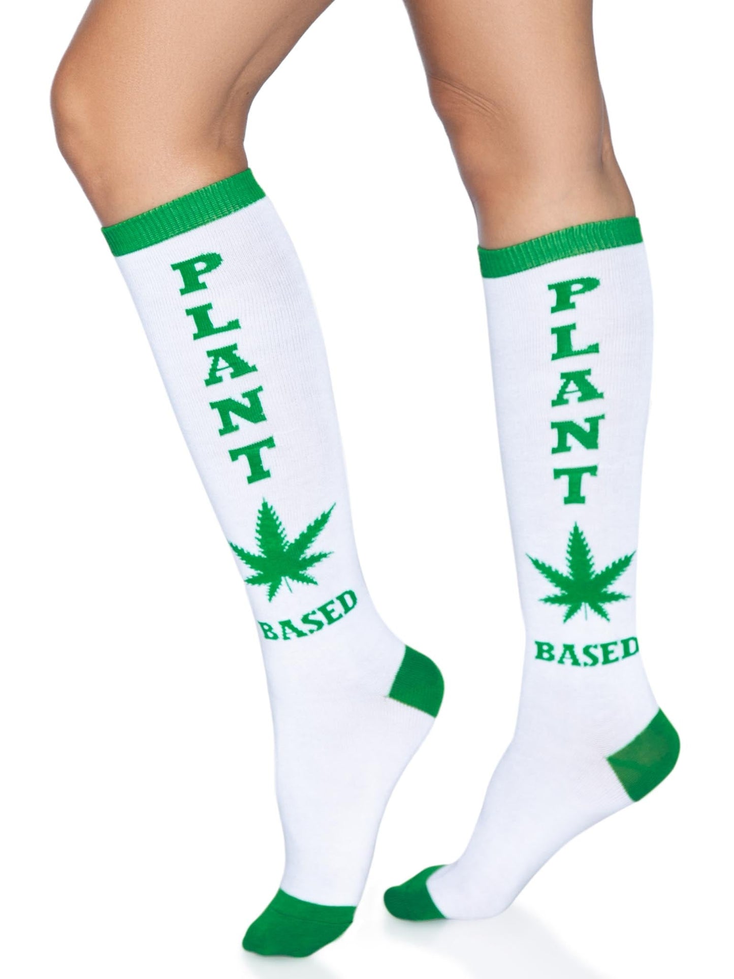 Knee Socks — "Plant Based" White & Green