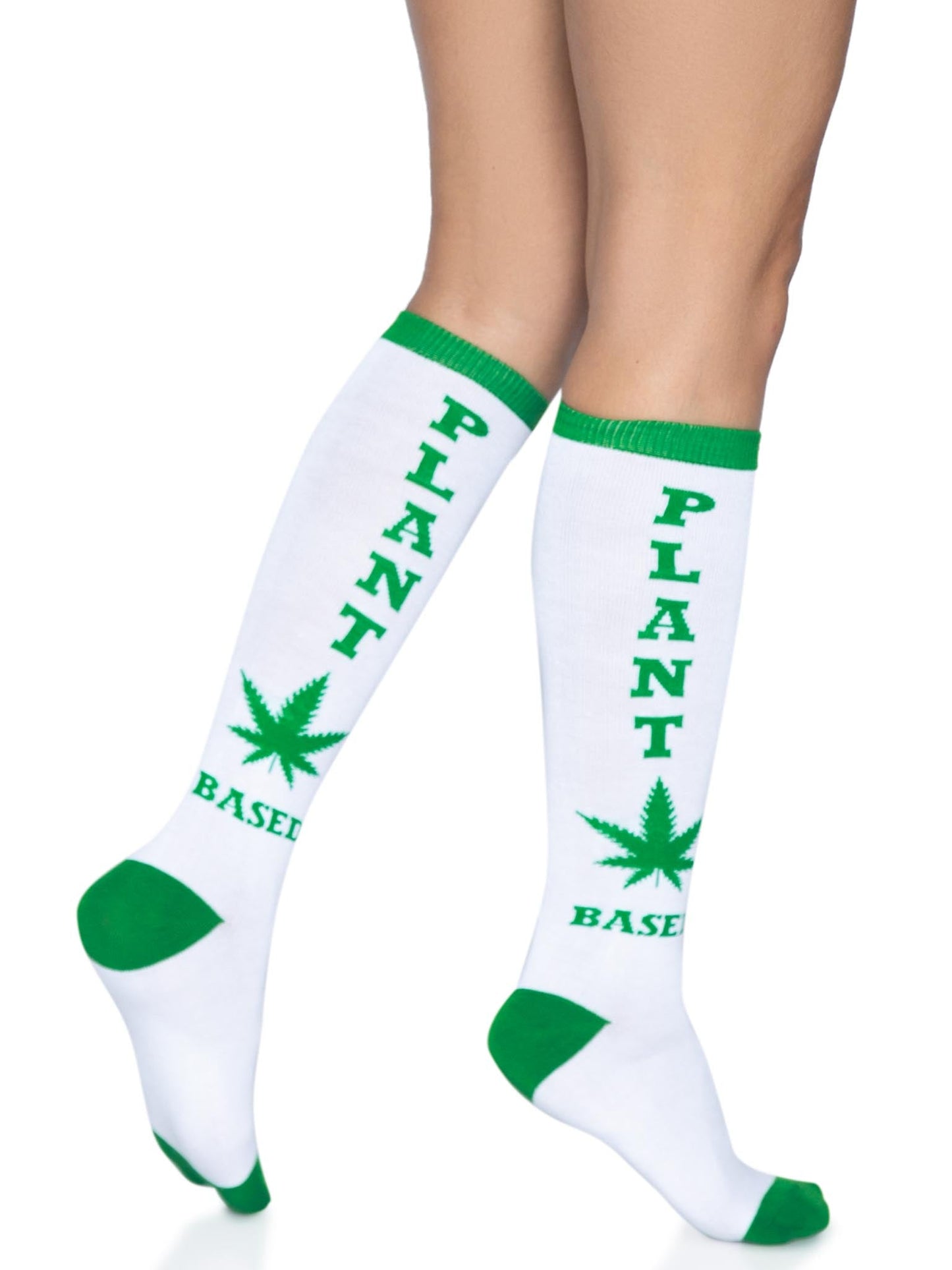 Knee Socks — "Plant Based" White & Green