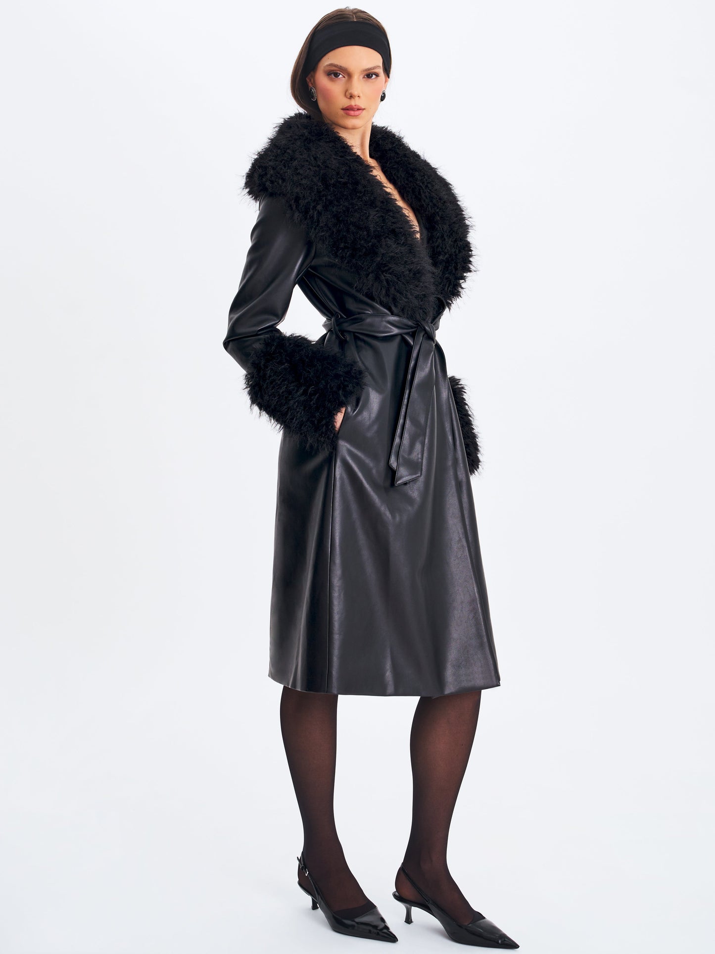 Faux Fur Trim Longline Vegan Leather Coat — Black