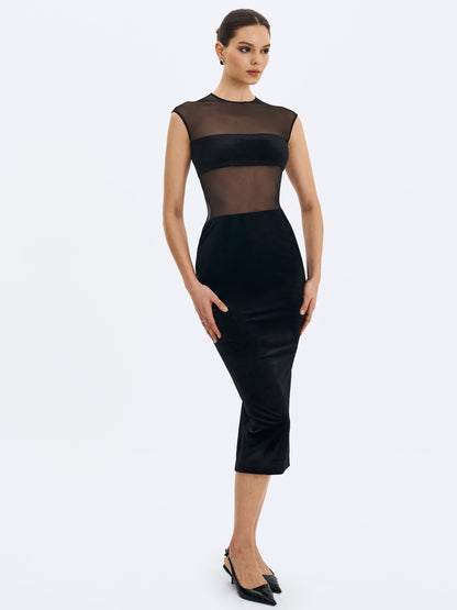 Sheer Mesh & Velvet Midi Dress — Black