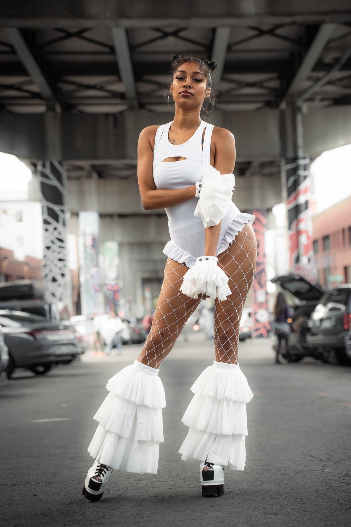 Dandy Ruffle Bell Bottom Leg Covers — White Cotton | Eyecon x Five and Diamond