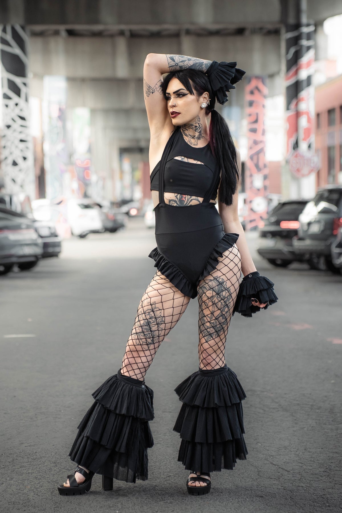 Dandy Ruffle Bell Bottom Leg Covers — Black Cotton | Eyecon x Five and Diamond