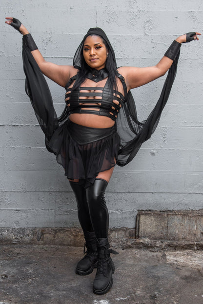 Silk Wing Hood — Silk Chiffon & Leather Statement Layer | Five and Diamond