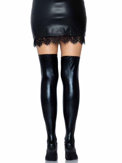 Liquid Shine Thigh High Stockings — Wet Look Black