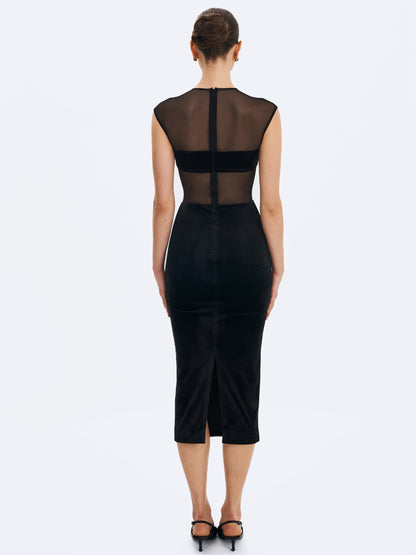 Sheer Mesh & Velvet Midi Dress — Black