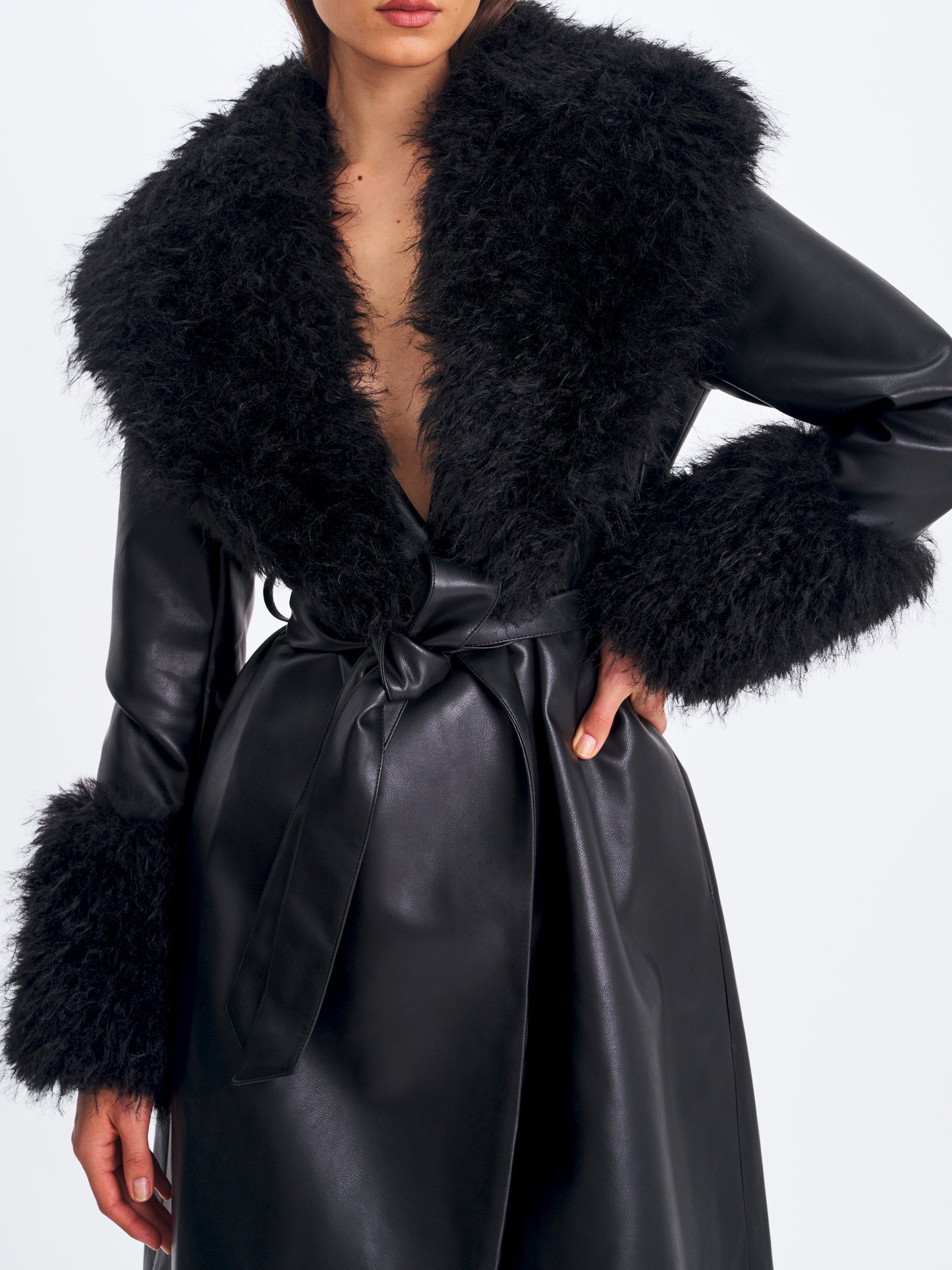 Faux Fur Trim Longline Vegan Leather Coat — Black