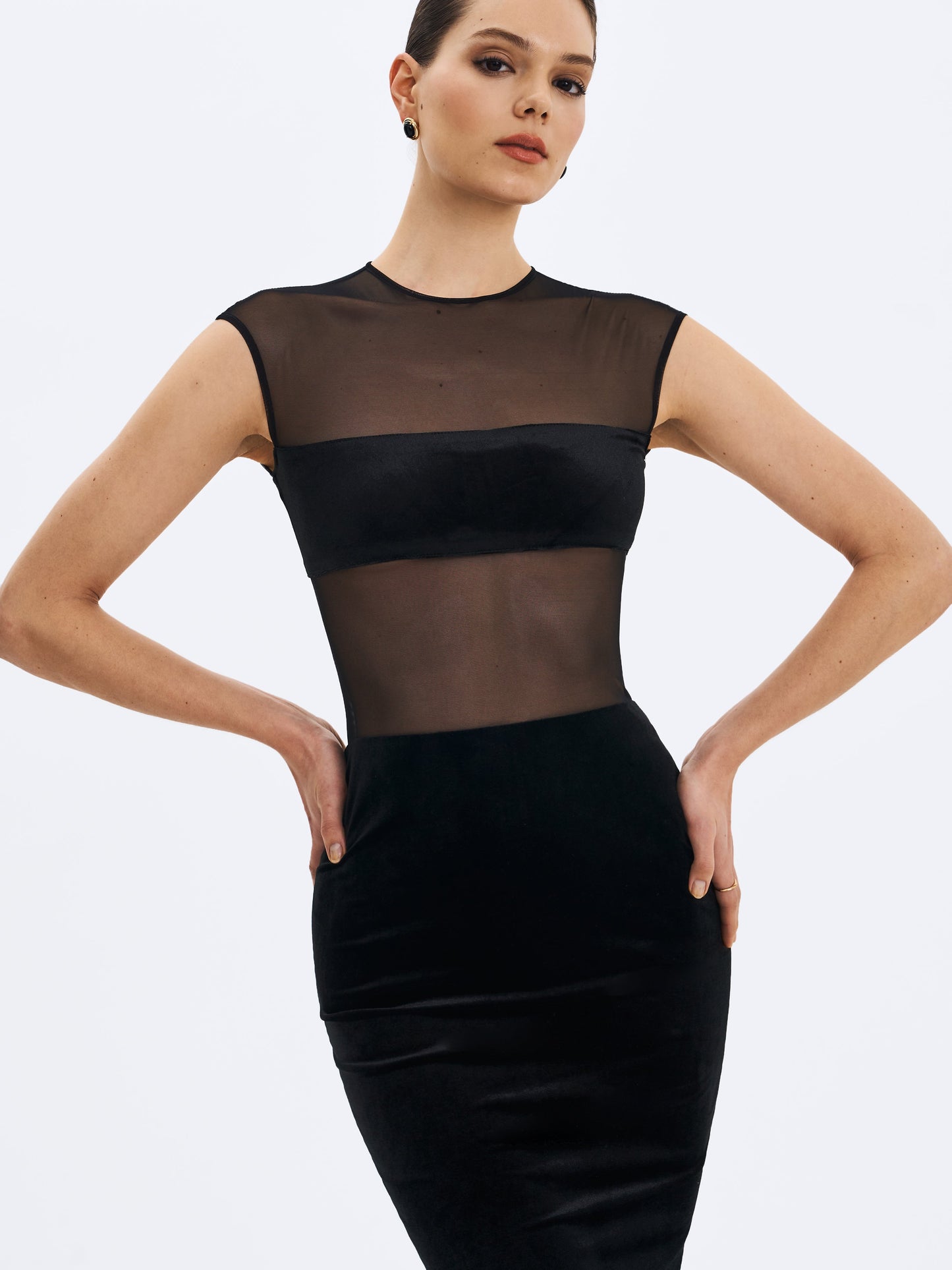 Sheer Mesh & Velvet Midi Dress — Black