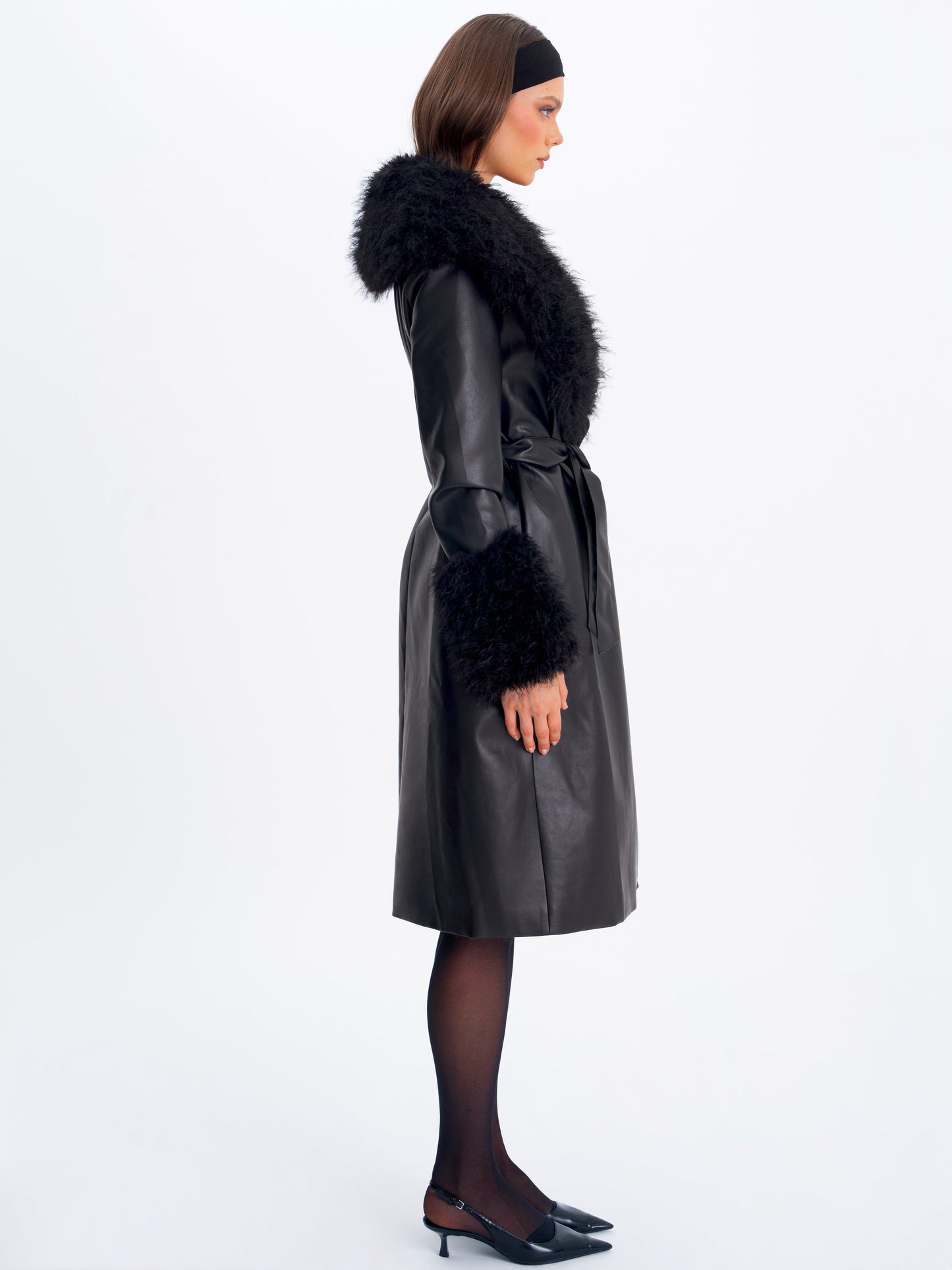 Faux Fur Trim Longline Vegan Leather Coat — Black