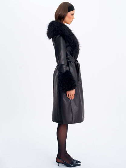 Faux Fur Trim Longline Vegan Leather Coat — Black
