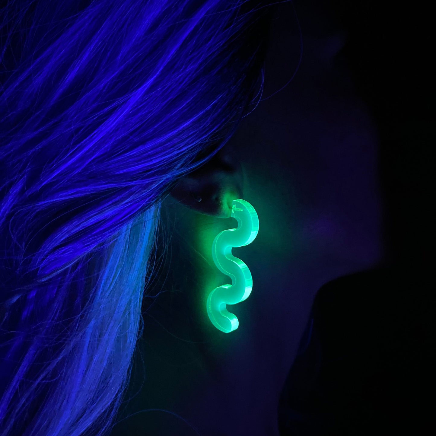 Abstract Squiggle Statement Earrings – Clear Green UV Reactive 🌙