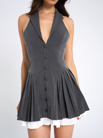 Preppy Halter Pleated Mini Dress — Grey