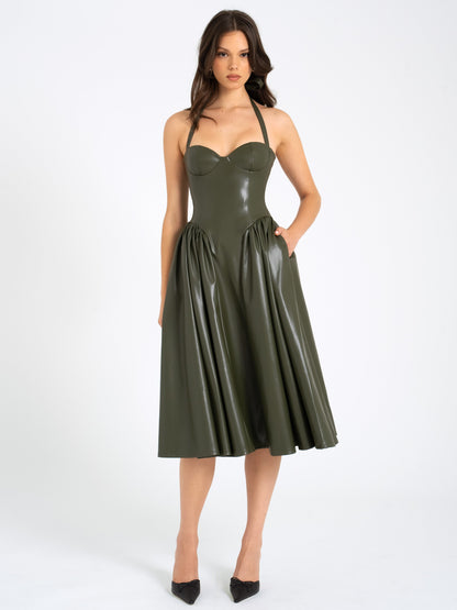 Eliana Halter Corset Midi — Olive